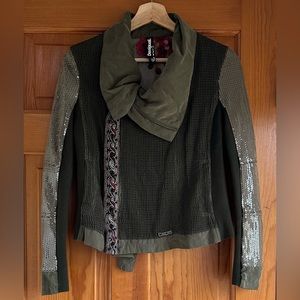 Desigual Women's Khaki Green Military Color Short Moto Jacket Sequined Sleeves